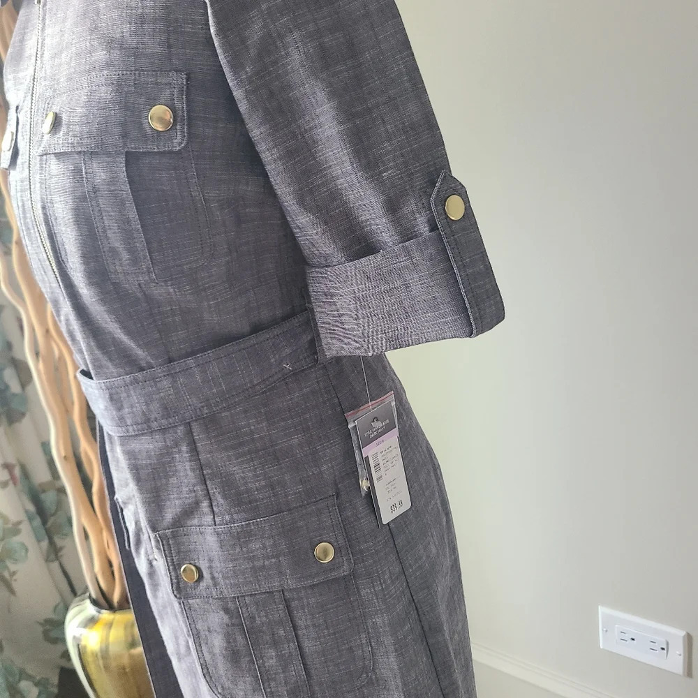 NWT Saharagano dress gray sz.6 rollup sleeves belted - Picture 3 of 12